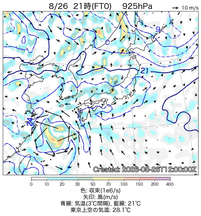 2026年8月26日の日本周辺の925hPa天気図（21時）