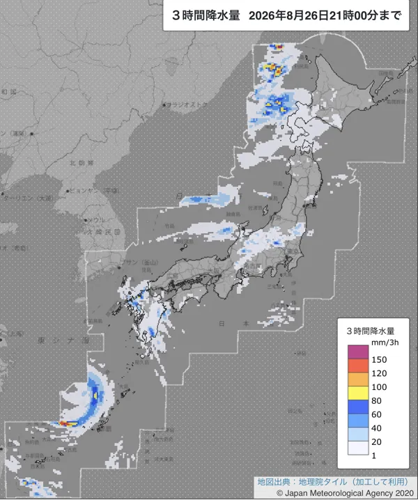2026年8月26日18〜21時の日本周辺の3時間解析降水量