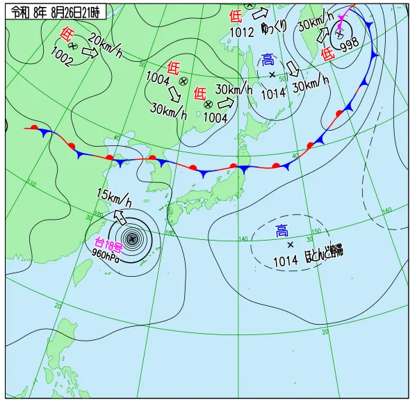 2026年8月26日21時の速報天気図