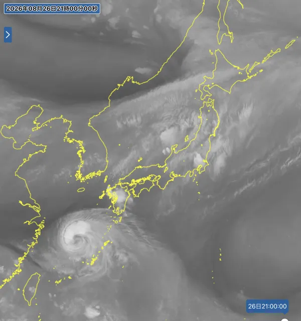 2026年8月26日21時の日本周辺の衛星水蒸気画像
