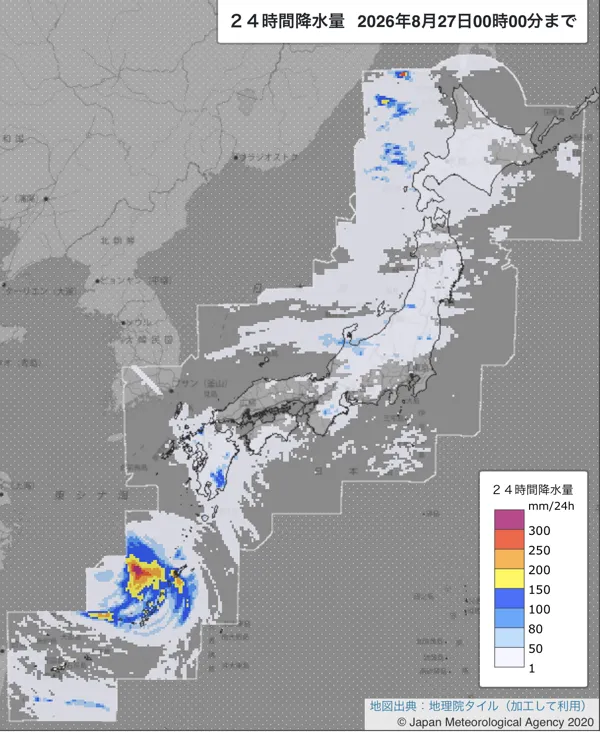 2026年8月26日の日本周辺の日解析雨量の図