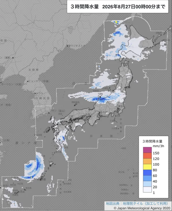 2026年8月26日21〜24時の日本周辺の3時間解析降水量