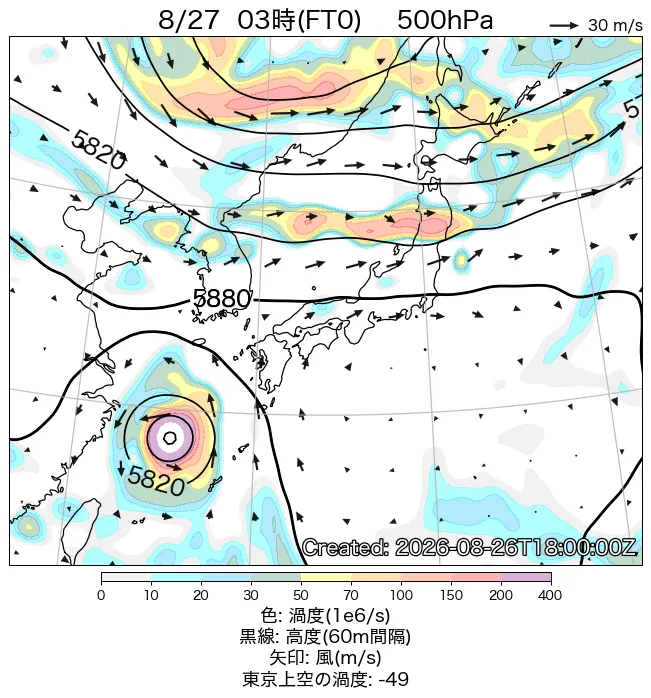 2026年8月27日の日本周辺の500hPa天気図（3時）