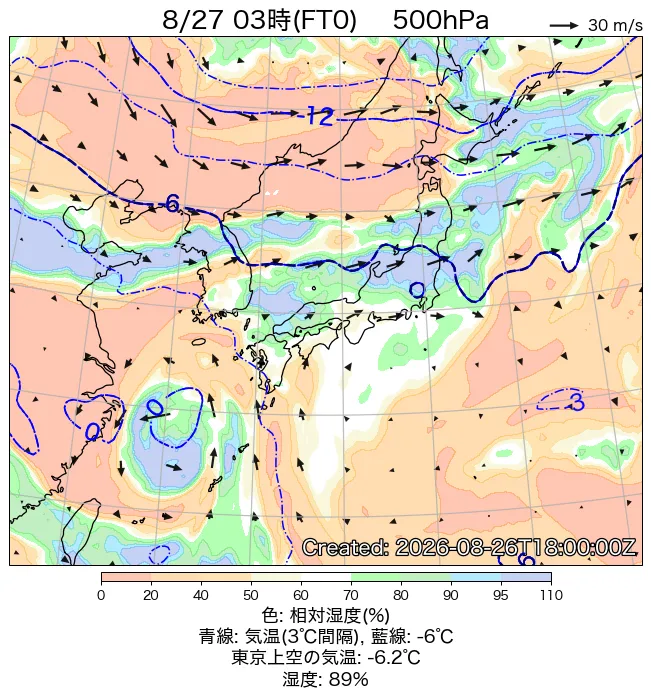 2026年8月27日の日本周辺の500hPa天気図（3時）