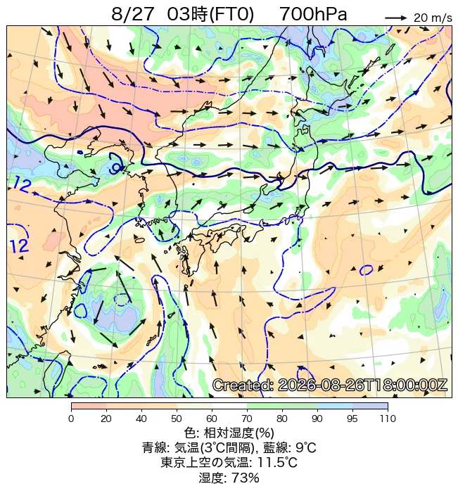 2026年8月27日の日本周辺の700hPa天気図（3時）