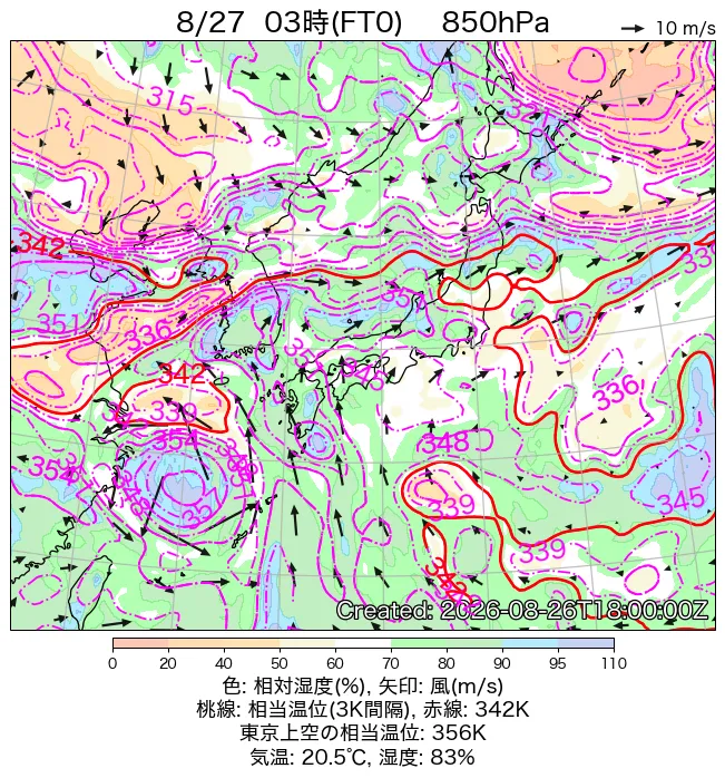 2026年8月27日の日本周辺の850hPa天気図（3時）