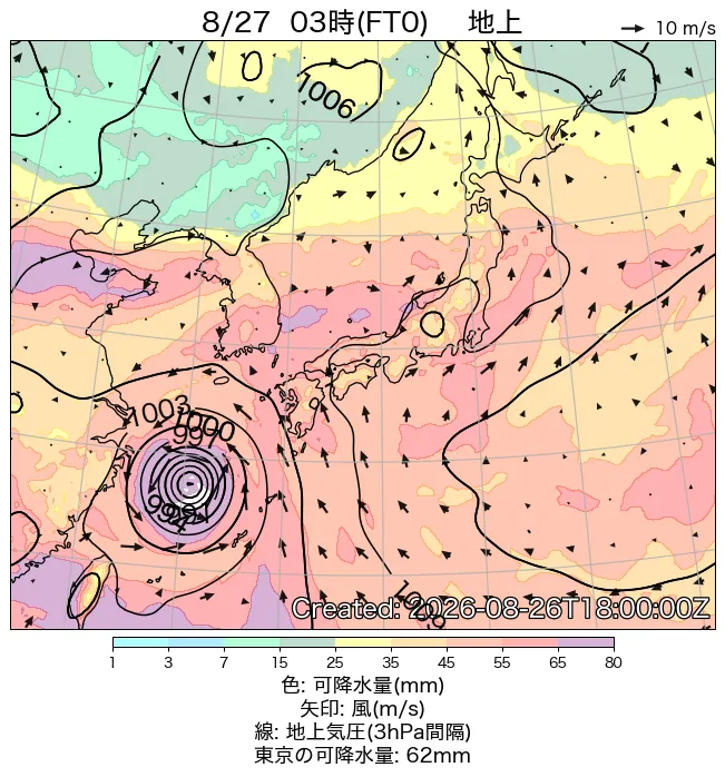 2026年8月27日の日本周辺の地上天気図（3時）
