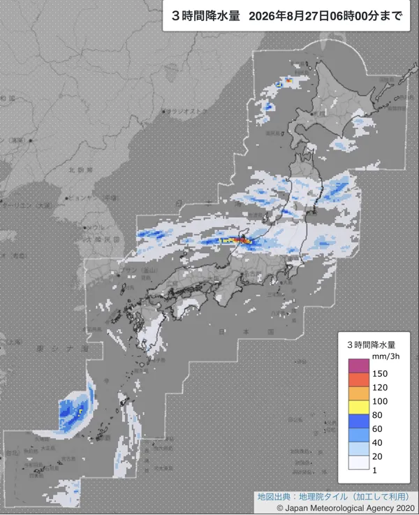 2026年8月27日3〜6時の日本周辺の3時間解析降水量