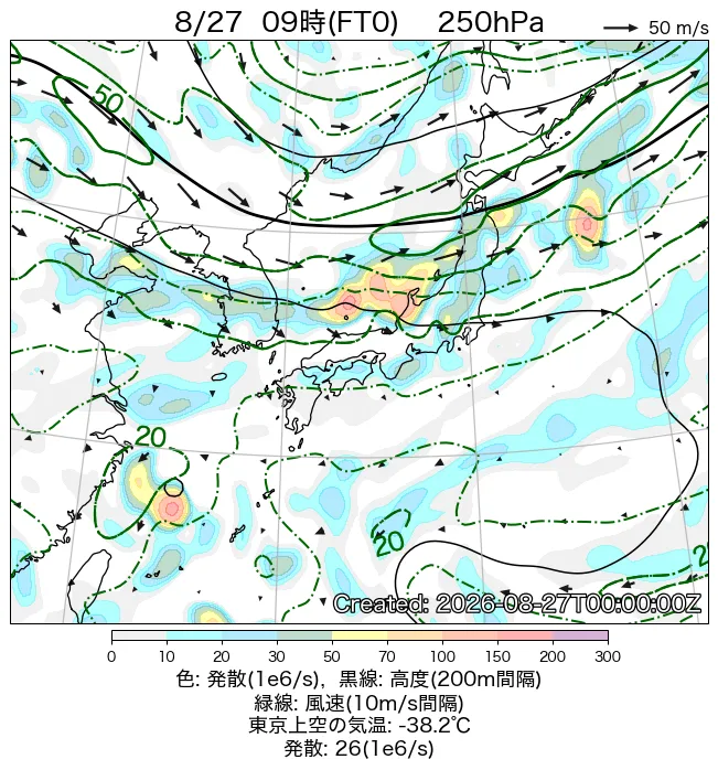 2026年8月27日の日本周辺の250hPa天気図（9時）
