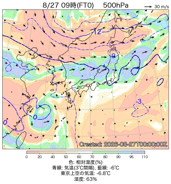 2026年8月27日の日本周辺の500hPa天気図（9時）