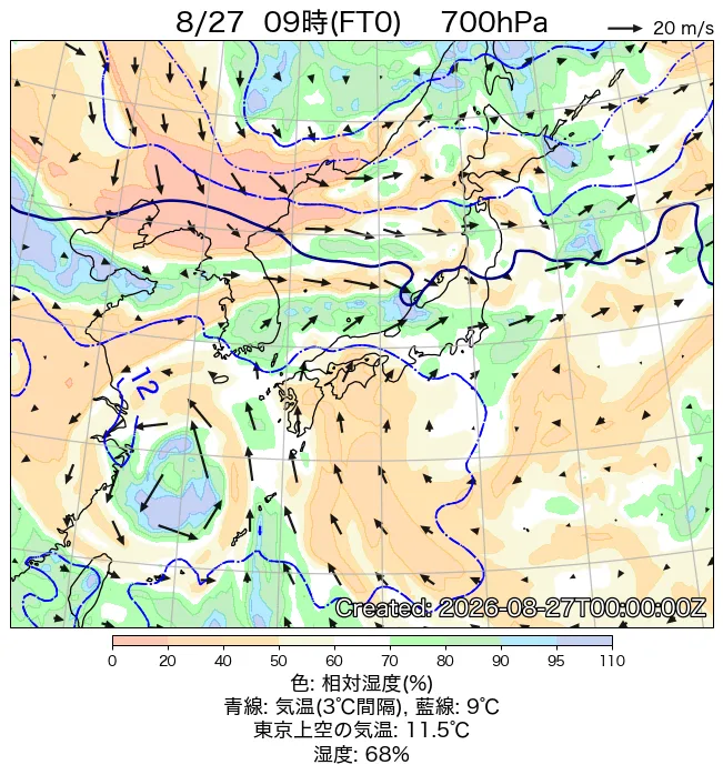 2026年8月27日の日本周辺の700hPa天気図（9時）