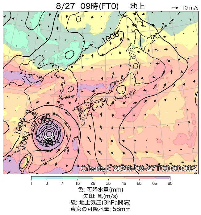 2026年8月27日の日本周辺の地上天気図（9時）