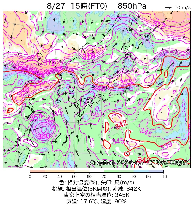 2026年8月27日の日本周辺の850hPa天気図（15時）