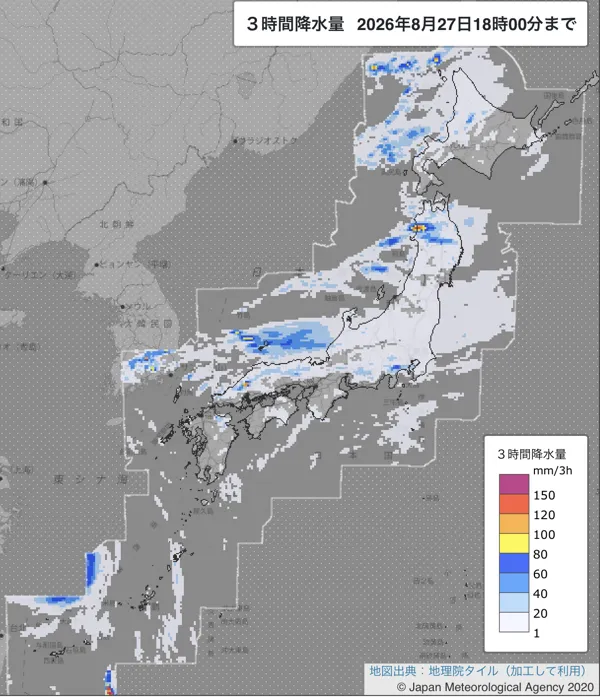 2026年8月27日15〜18時の日本周辺の3時間解析降水量