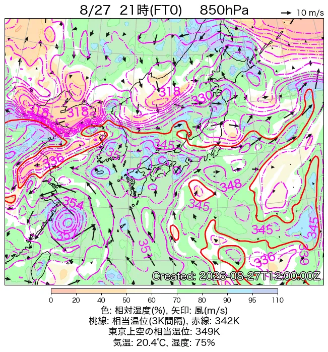 2026年8月27日の日本周辺の850hPa天気図（21時）