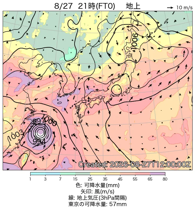 2026年8月27日の日本周辺の地上天気図（21時）
