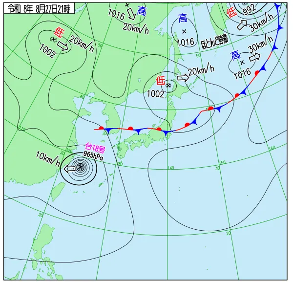 2026年8月27日21時の速報天気図