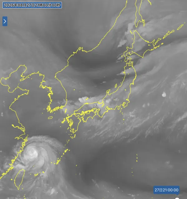 2026年8月27日21時の日本周辺の衛星水蒸気画像