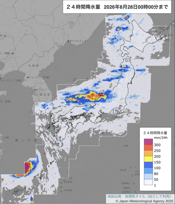 2026年8月27日の日本周辺の日解析雨量の図