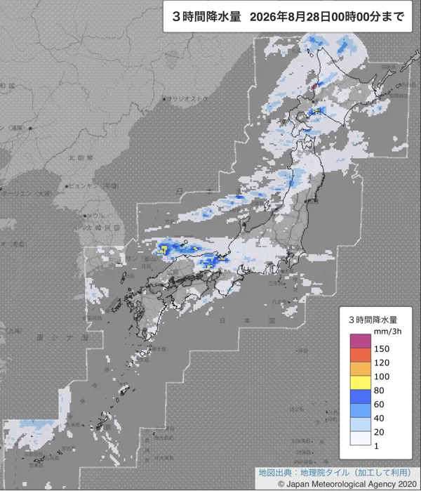 2026年8月27日21〜24時の日本周辺の3時間解析降水量