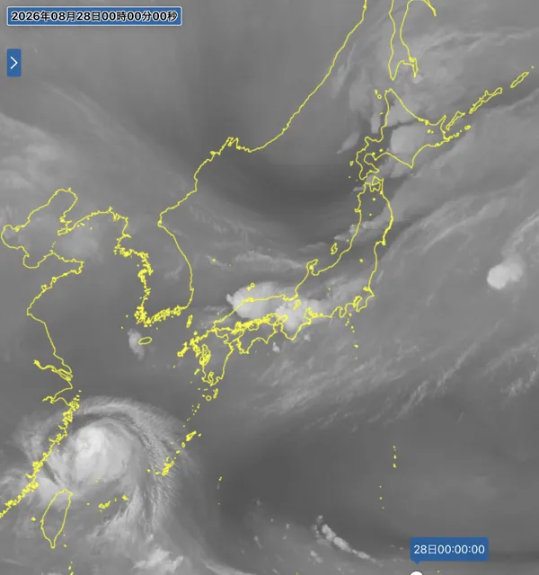 2026年8月27日24時の日本周辺の衛星水蒸気画像