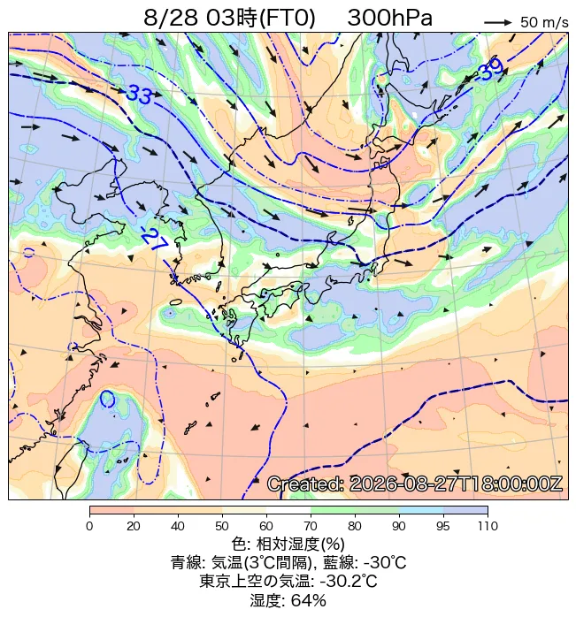 2026年8月28日の日本周辺の300hPa天気図（3時）