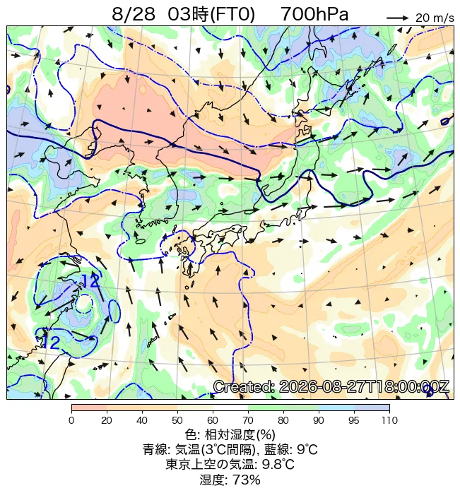 2026年8月28日の日本周辺の700hPa天気図（3時）