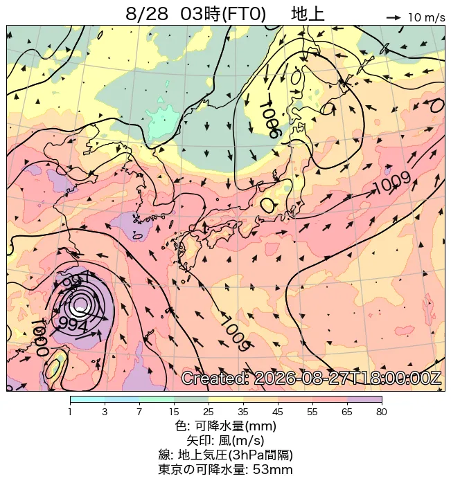2026年8月28日の日本周辺の地上天気図（3時）