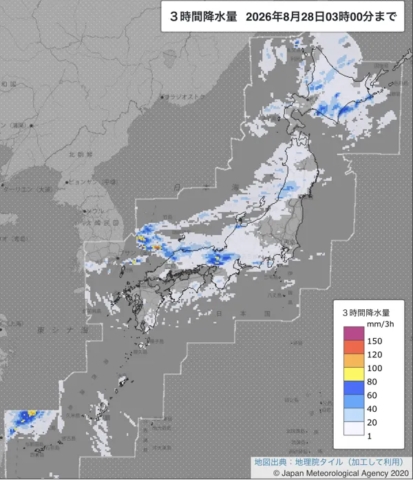 2026年8月28日0〜3時の日本周辺の3時間解析降水量