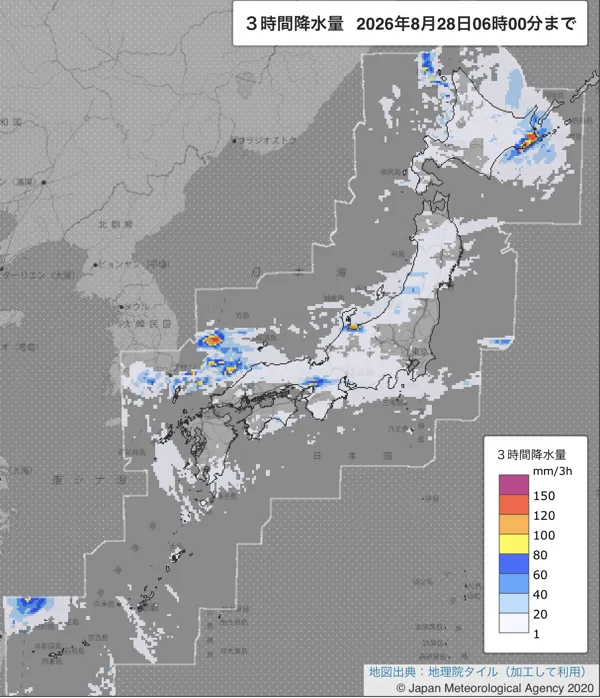 2026年8月28日3〜6時の日本周辺の3時間解析降水量