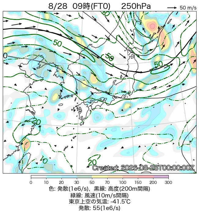2026年8月28日の日本周辺の250hPa天気図（9時）