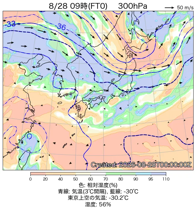 2026年8月28日の日本周辺の300hPa天気図（9時）