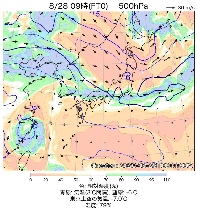 2026年8月28日の日本周辺の500hPa天気図（9時）