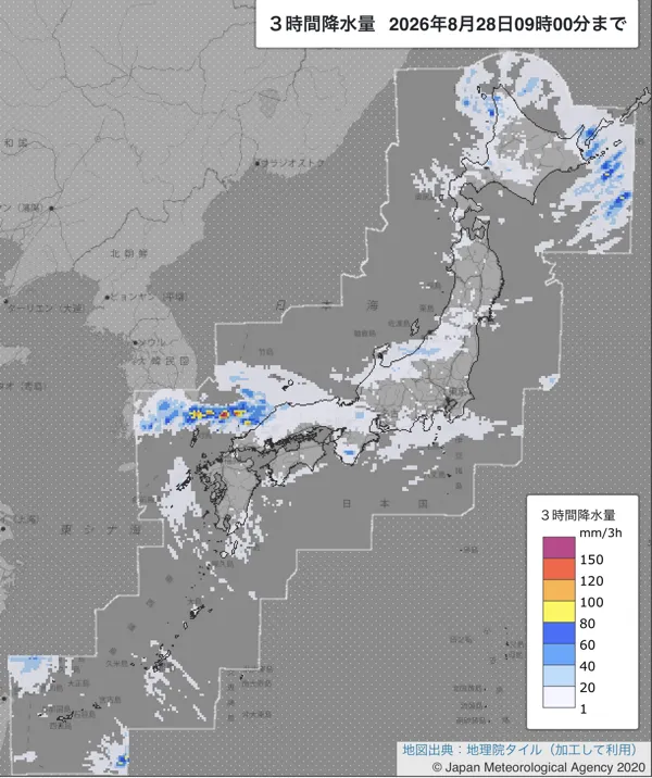 2026年8月28日6〜9時の日本周辺の3時間解析降水量