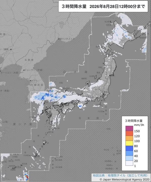 2026年8月28日9〜12時の日本周辺の3時間解析降水量
