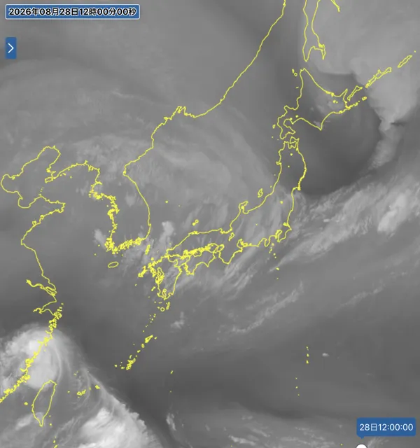 2026年8月28日12時の日本周辺の衛星水蒸気画像