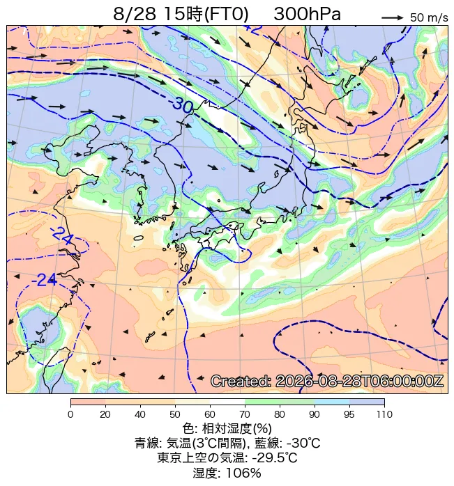 2026年8月28日の日本周辺の300hPa天気図（15時）
