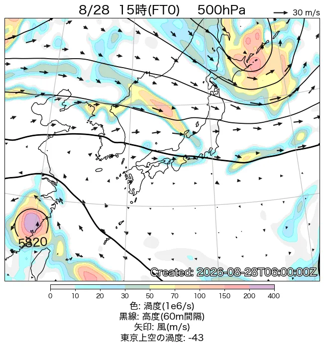 2026年8月28日の日本周辺の500hPa天気図（15時）