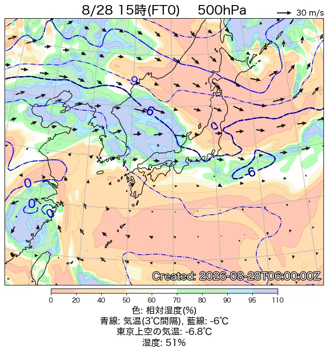 2026年8月28日の日本周辺の500hPa天気図（15時）