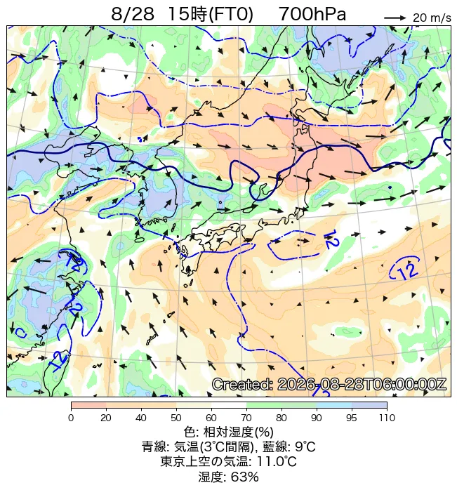 2026年8月28日の日本周辺の700hPa天気図（15時）