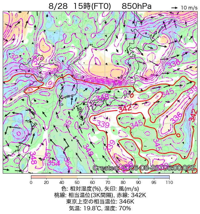 2026年8月28日の日本周辺の850hPa天気図（15時）