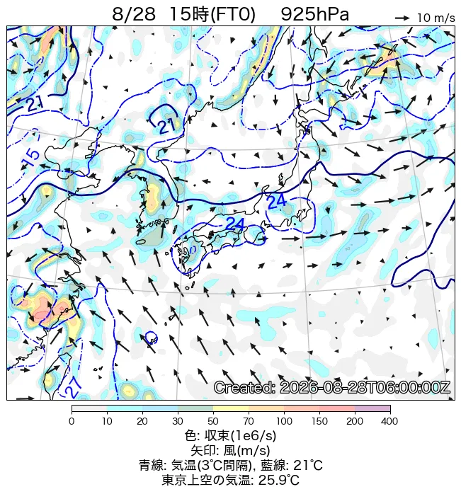 2026年8月28日の日本周辺の925hPa天気図（15時）