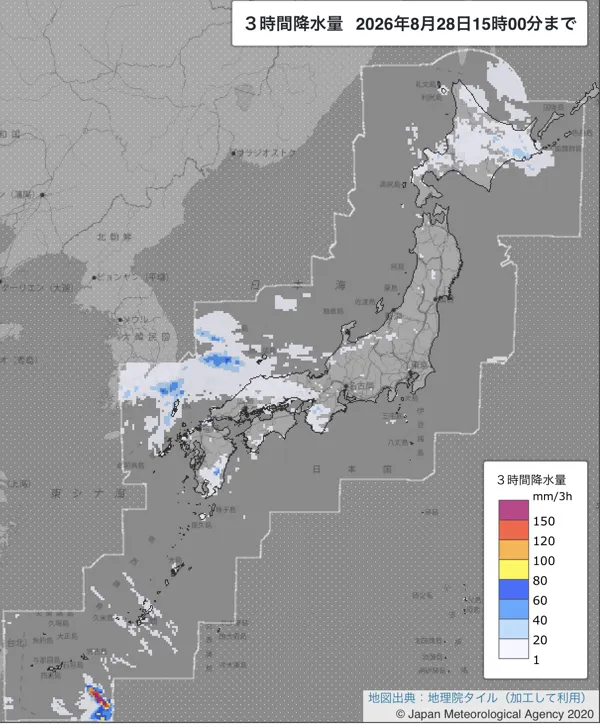 2026年8月28日12〜15時の日本周辺の3時間解析降水量
