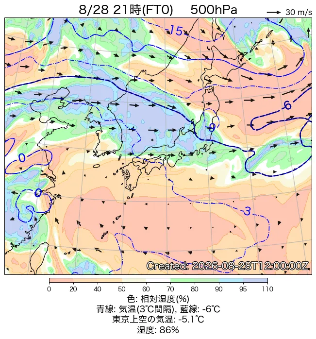 2026年8月28日の日本周辺の500hPa天気図（21時）