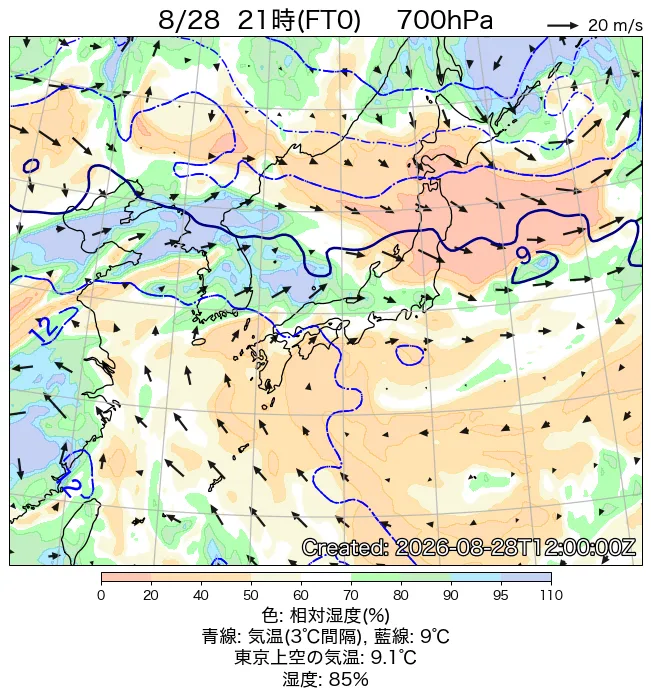 2026年8月28日の日本周辺の700hPa天気図（21時）