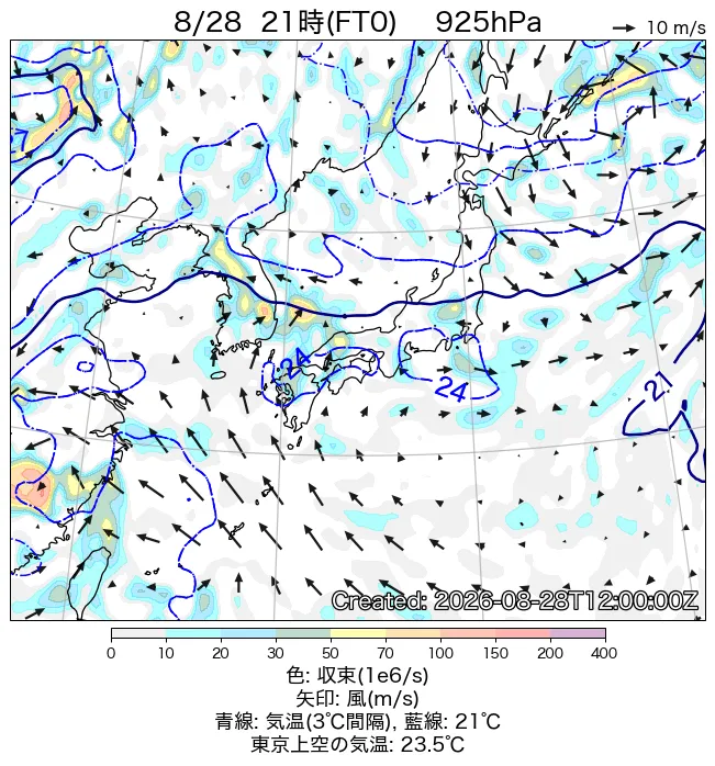 2026年8月28日の日本周辺の925hPa天気図（21時）