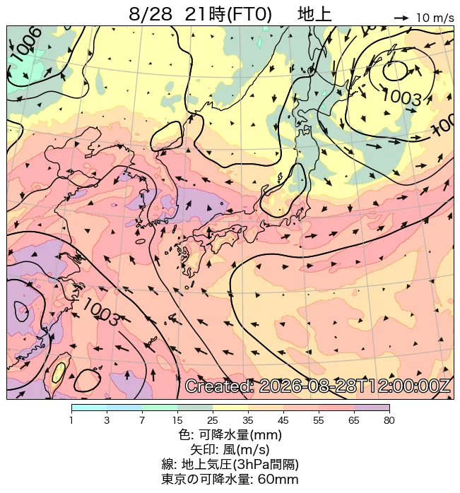 2026年8月28日の日本周辺の地上天気図（21時）
