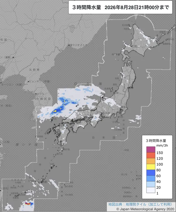 2026年8月28日18〜21時の日本周辺の3時間解析降水量