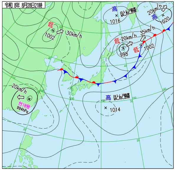 2026年8月28日21時の速報天気図