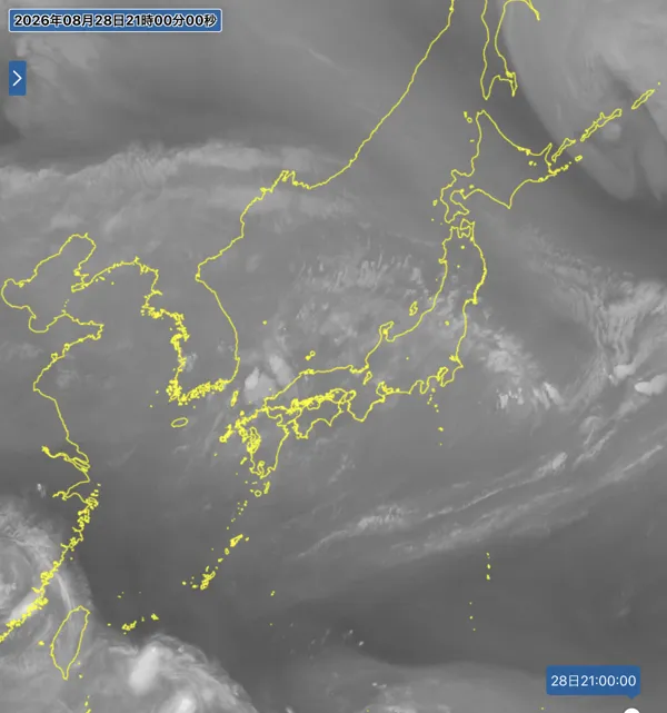 2026年8月28日21時の日本周辺の衛星水蒸気画像